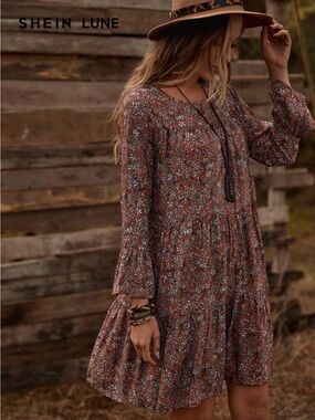 Rust Red Floral Long-Sleeve Dress